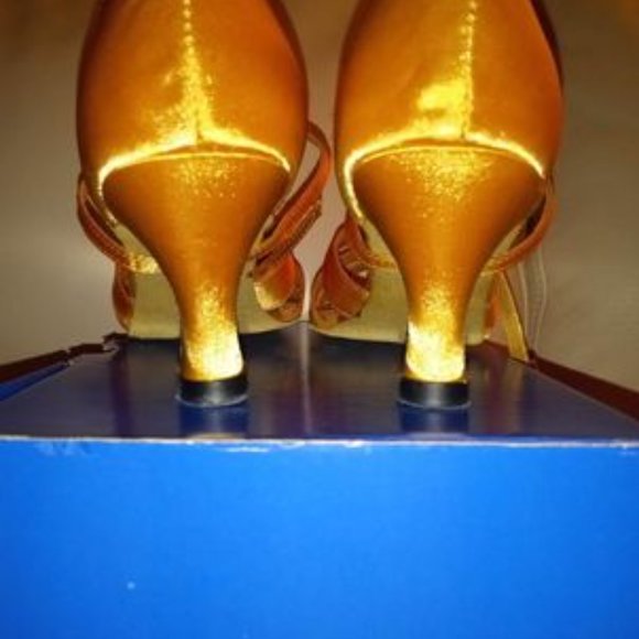 Gold and Tan Dance Heels with Strap and Pointed Toe - Picture 4 of 11